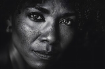 Dramatic monochrome closeup portrait of african american woman with intense gaze, side lighting shaping skin texture and facial detail against dark background, expressing beauty, strength, identity.