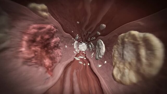 Medical Visualization CGI Flythrough of Atherosclerotic Plaque Buildup in a Diseased Artery with Cholesterol Deposits