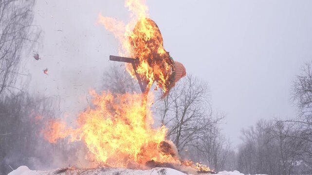 Slavic traditional burning of an effigy. An ancient pagan rite. The meeting of spring. High quality video