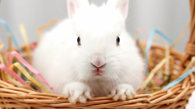 White baby bunny sitting in a wicker basket. Real rabbit with colorful paper grass for Easter. Cute animal holiday footage