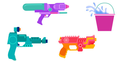 Collection of colorful water guns and a bucket of water for summer fun. © Kay