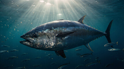 Fototapeta premium Large bluefin tuna swimming in clear ocean water with sun rays penetrating the surface, surrounded by smaller fish in a vibrant underwater scene