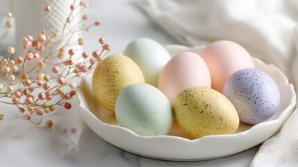 Easter eggs arrangement pastel colors spring table styling clean design