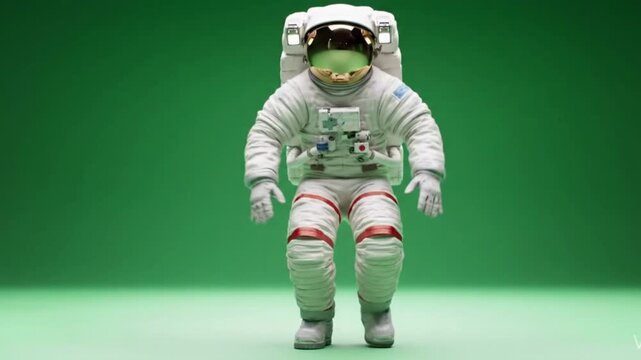 An astronaut performing a slow-gravity jump and landing softly, knees bending, on green screen background.