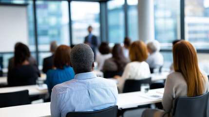 Audience attending business conference seminar in modern auditorium.