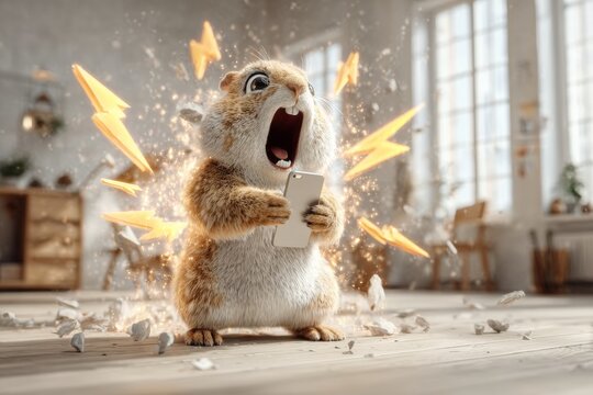 Bright room hamster's smartphone shock. Hamster image. The truth about crypto: profits, problems and pressure. Is crypto legit. Bright morning.
