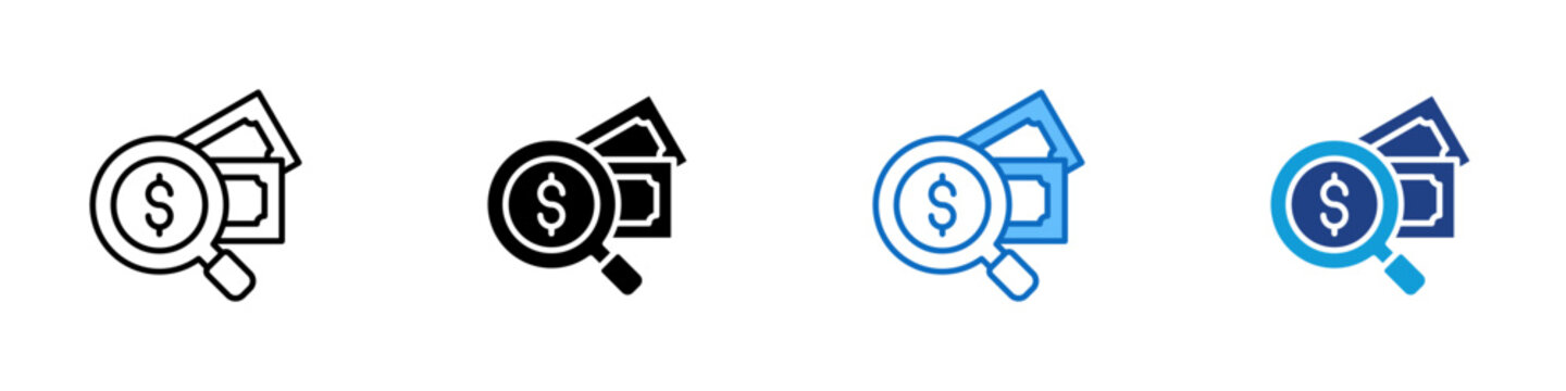 Money Audit Multiple Style Icon Design Vector - Dollar coin with magnifier and banknotes representing financial audit, expense review, and cost inspection