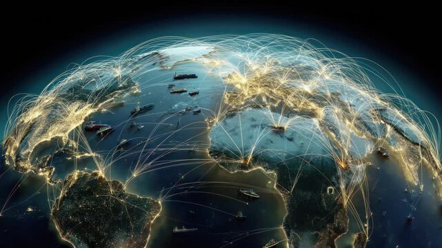 Global Connections: Illuminated pathways of communication and transportation weave across the continents, highlighting the interconnectedness of our world, viewed from space at night.