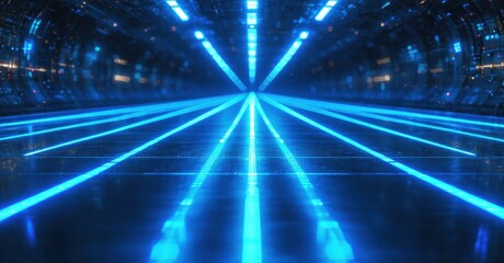 Fototapeta premium Futuristic tunnel glows brightly. Blue light streaks converge toward distant point. Dark walls frame intense illumination. Digital aesthetic dominates scene.
