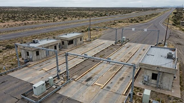 Abandoned truck scale station in arid landscape, overpass inspection, weigh station abandoned, highway,.