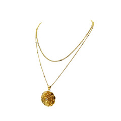 Gold layered necklace with flower pendant and small diamond isolated on transparent background