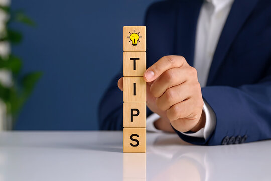 TIPS Wooden Letter Blocks with Lightbulb Icon - Helpful Advice Ideas Guidance Concept - Hand Holding Vertical Blocks - Business Tips 3D Illustration