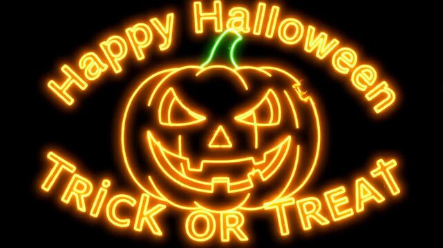 Loop Neon Glowing Scary Smiling Halloween Pumpkin Isolated on Black Background Illuminated Pumpkin Animation with Creepy Face Expression Happy Halloween Trick or Treat Neon Glowing Design Element.