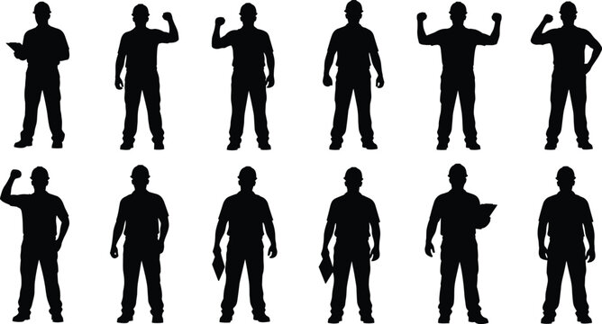 Construction Workers and Engineers Silhouette Set Featuring Professional Men in Hard Hats Holding Clipboards and Posing for Industrial Labor Projects