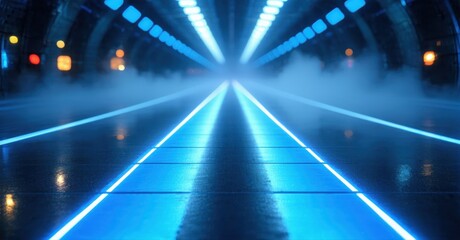 Fototapeta premium Tunnel view, bright blue lights illuminate wet road surface. Smoke or fog creates dramatic perspective. Futuristic, sleek design.