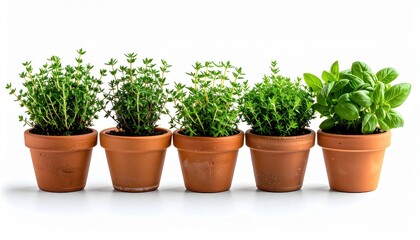 Obraz premium FlyPro Firefly presents a high-resolution photographic style arrangement of organic spice herbs like oregano, thyme, and dill in small clay pots, showcasing natural culinary ingredients.