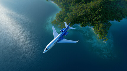Fototapeta premium Airplane flying above tropical island surrounded by turquoise ocean.