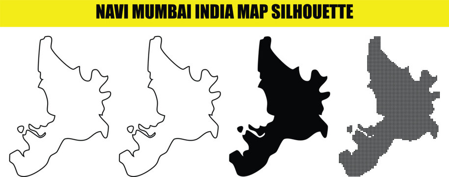 Navi Mumbai India map silhouette graphics with outline solid and halftone versions for urban planning and design projects