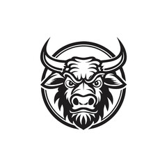 Fototapeta premium Bold monochrome bull head emblem stares intensely, its powerful horns curved upwards menacingly