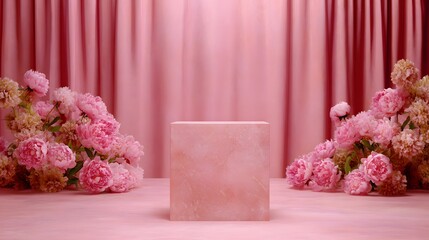 Elegant Stage with Floral Decor: A pink stage awaits, elegantly framed by soft, romantic floral arrangements, exuding a sense of anticipation and delicate beauty.