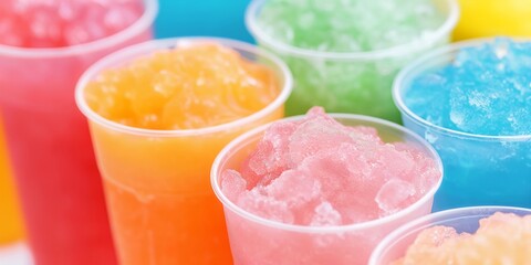 Plastic cups filled with rainbow frozen slushie drinks. Icy sweet beverages for summer refreshment. Variety of flavors