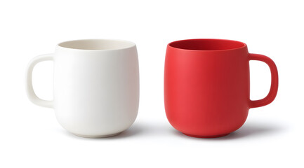 Red and white ceramic mugs isolated on clean background, minimalist drinkware mockup for coffee or tea branding, modern kitchen product presentation with copy space.