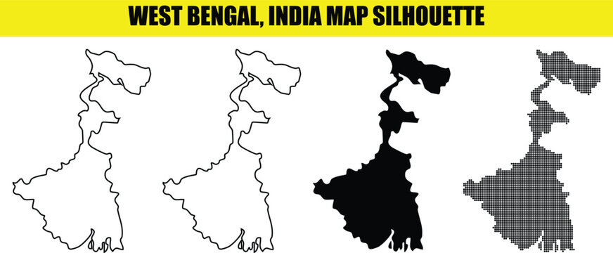 West bengal india map silhouette set vector white outline filled and dotted graphics isolated on transparent background