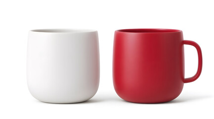 Red and white ceramic mugs isolated on light background, minimalist drinkware mockup for coffee or tea branding, modern kitchen product presentation with clean copy space.