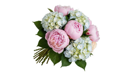 Isolated floral arrangement with hydrangea and pink peonies, romantic flower bouquet