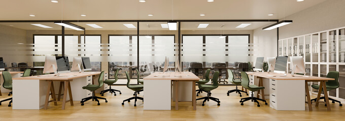 3D rendering of a modern open plan office interior workstation and meeting room panorama view