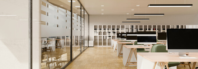 3D rendering of a modern open plan office interior workstation and meeting room panorama view