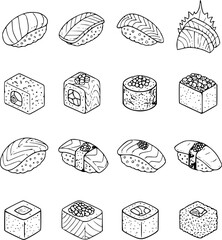 Collection of Hand Drawn Sushi and Sashimi White Background salmon rice © Rifat