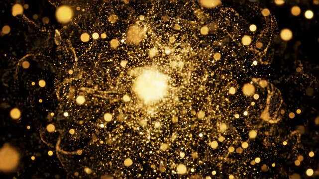 Explosion of Golden Bokeh lights. Holiday motion background. Glowing particle abstract. Exploding gold particles. 3d rendering. Isolated on black effect. 2025 Trend footage.