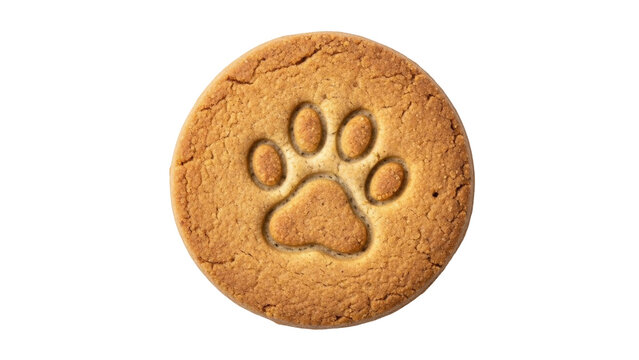 Isolated baked cookie with paw print, sweet dessert treat, golden brown biscuit on its own