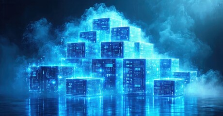 Obraz premium Pyramid structure composed glowing blue cubes. Dramatic lighting, smoke effects create futuristic digital scene. Complex network visible within blocks.