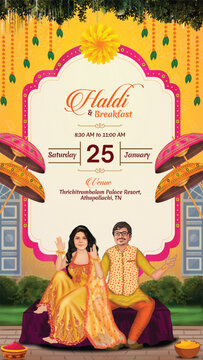 Traditional Indian haldi ceremony invitation card with decorative florals and elements	
