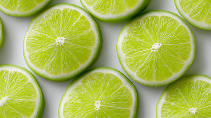 Fresh sliced limes arranged in full frame closeup background.
