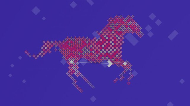 abstract digital animation of a running horse made of geometric patterns and glowing network lines, symbolizing speed and data flow.