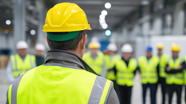 Construction manager in safety vest and helmet supervising industrial site.