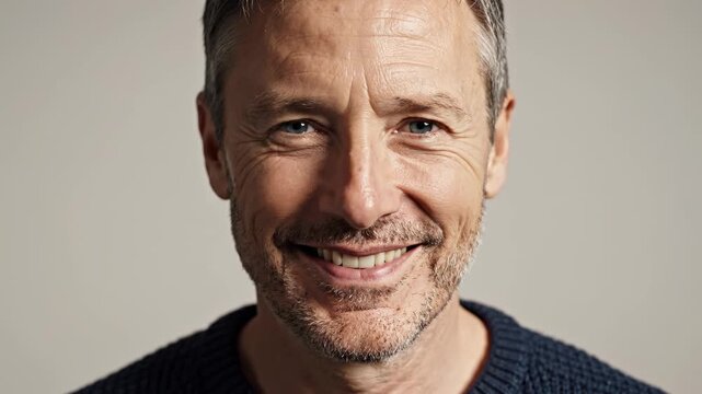 Confident mature man with a friendly smile looking directly at the camera in a bright studio for well-being and positive future concept