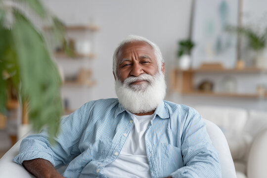 A contented African American elderly man is sitting in a cozy armchair in a bright apartment, smiling and looking relaxed. A homely atmosphere of comfort and coziness