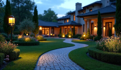 Obraz premium A cobblestone path lit garden lights winds through green grass and colorful flower beds at dusk