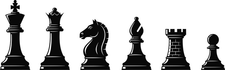 Chess pieces silhouette collection featuring king, queen, knight, bishop, rook, and pawn symbols representing strategy, competition, and intellectual game concepts © Moslama