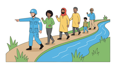Fototapeta premium UN Peacekeeper Guiding Diverse Group Along River Path