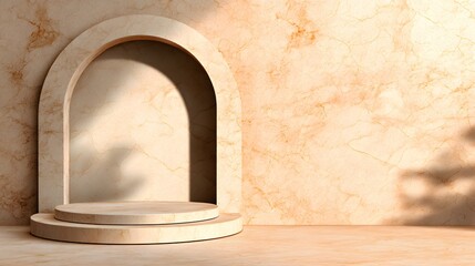 Minimalist Archway & Stage: An elegant display features a simple, yet stylish archway design with a circular stage, perfect for showcasing products or art. bathed in natural light.