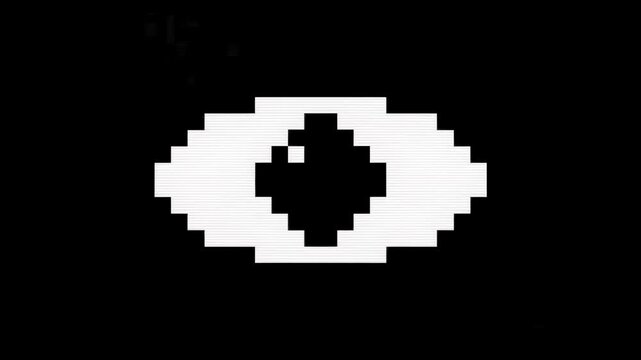 Loop animation of a single pixel art eye moving side to side with RGB glitch effect on black background. Stylized digital motion in retro aesthetics.