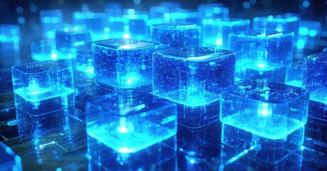 Fototapeta premium Glowing blue cubes float above circuit board. Digital network, futuristic technology, vibrant illumination present. Complex patterns visible.