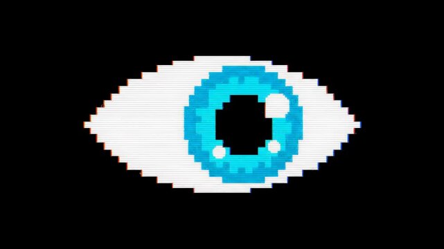 Loop animation of a single pixel art eye moving side to side with RGB glitch effect on black background. Stylized digital motion in retro aesthetics.