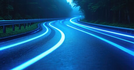 Curved road illuminated by bright blue light streaks. Dark forest borders asphalt surface, creating dynamic perspective.