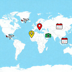 Naklejka premium World map with location pins and travel icons. Global logistics and travel planning concept for international business, tourism and navigation themes.